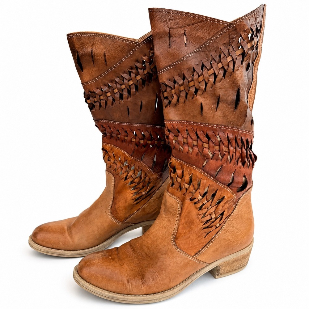 White Mountain Summit Woven Leather Mid Calf Boots Womens 9.5 Brown Western Boho
